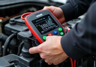 Mechanic at Automotive Experts checking a car battery for reliability.