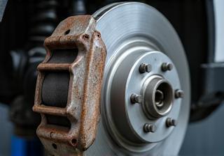 Close-up of a car's brake disc during a comprehensive safety service.