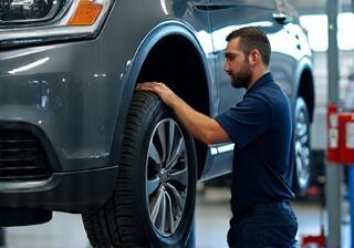Tire rotation and alignment service in progress for enhanced safety and fuel economy.
